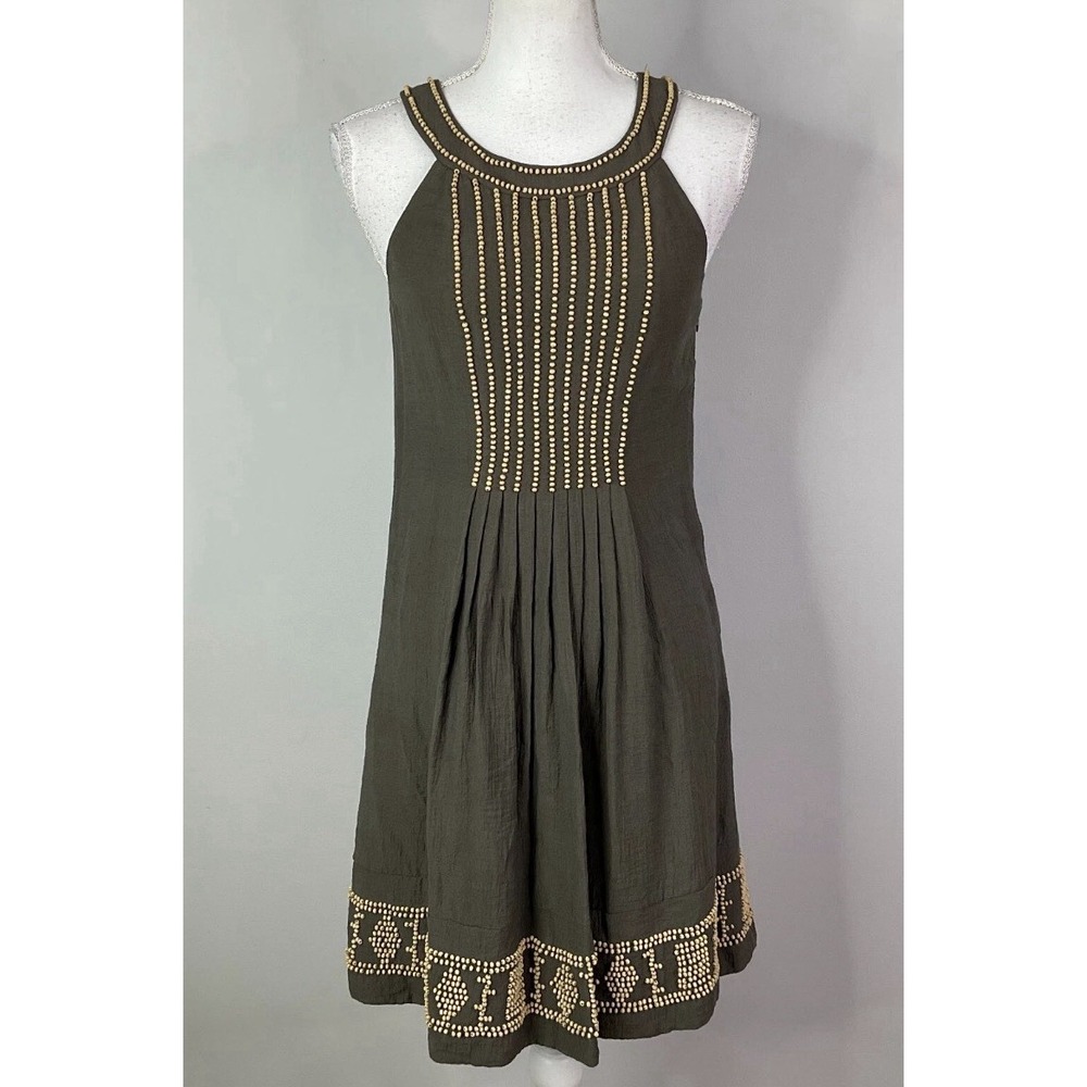 BCBGMAXAZRIA Dress Olive Green Halter Boho Beaded Size 4 Sleeveless Lined Flaw